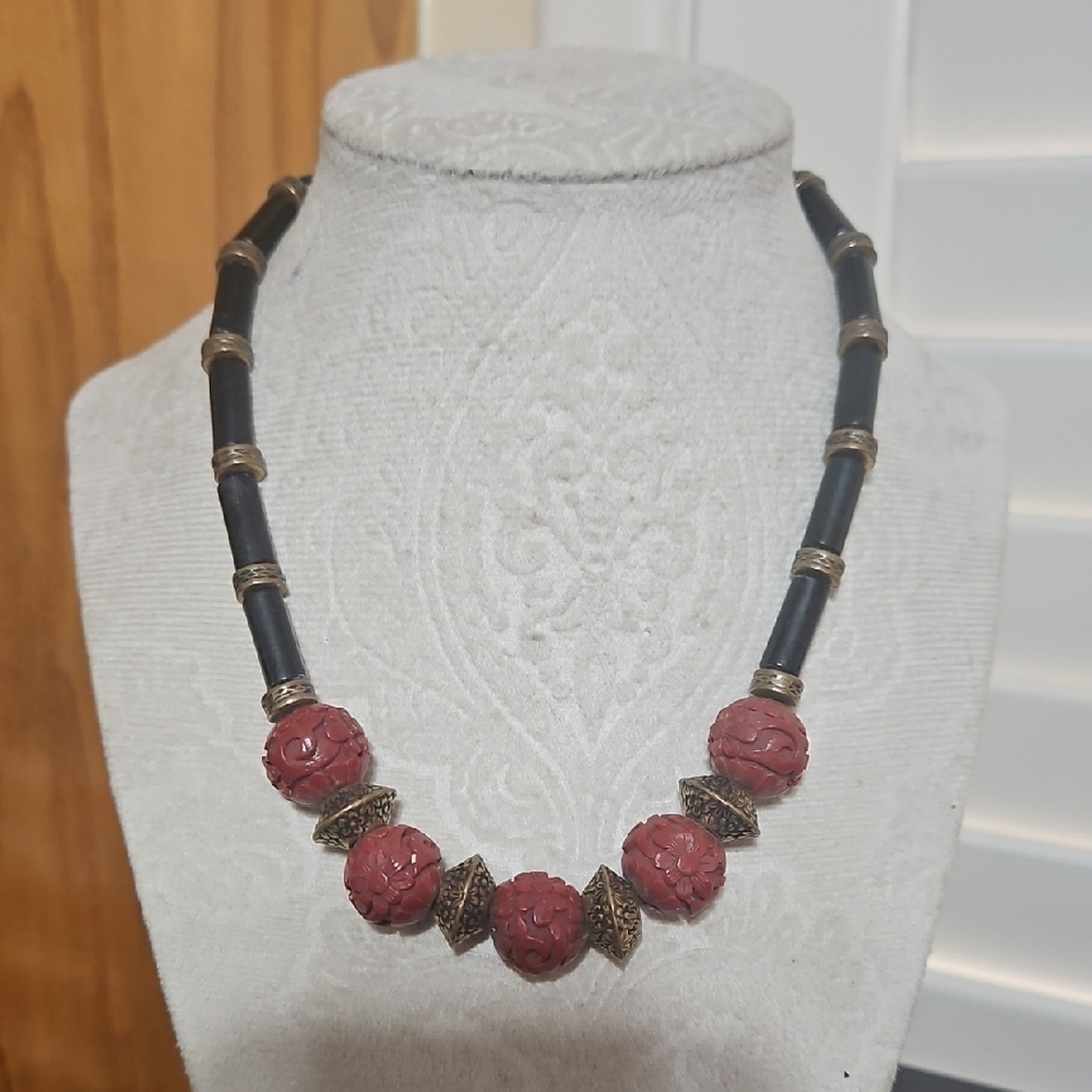 Elegant Red Cinnabar and Black Beaded Necklace